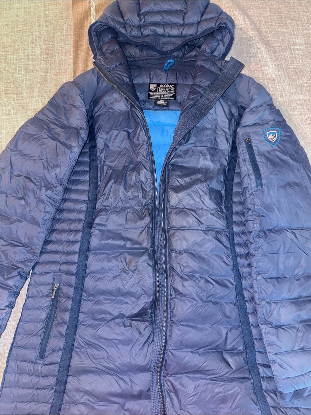 Kuhl Women's Navy Hooded Quilted Puffer Coat with Bright Blue Lining